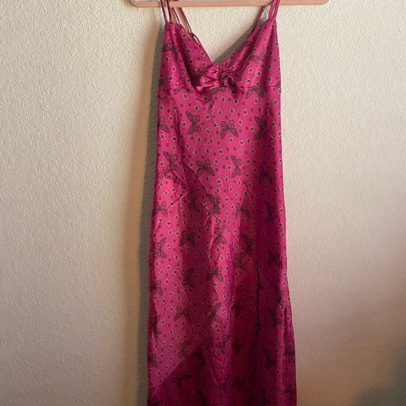 Urban Outfitters Samira Fuchsia Butterfly Midi Satin Slip Coquette Fairy Dress M - Picture 2 of 15
